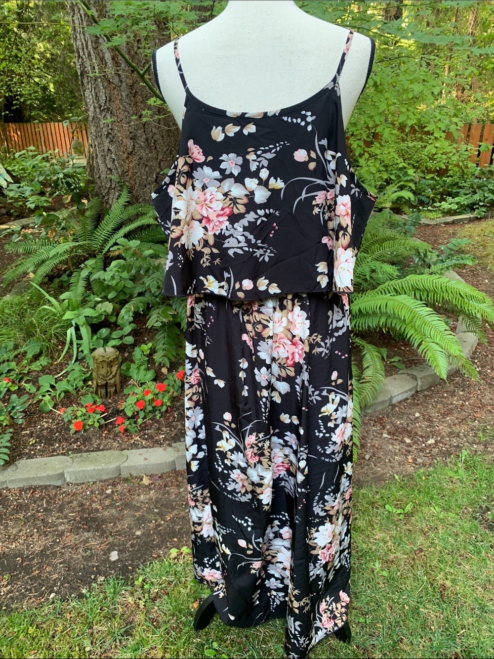 Floral Tiered Maxi Skirt - Black with Pink Floral